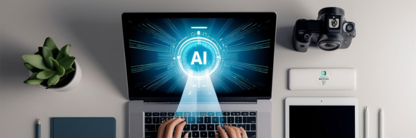 This image shows someone using a laptop and on the screen is an illuminated circle with the letters AI in the centre