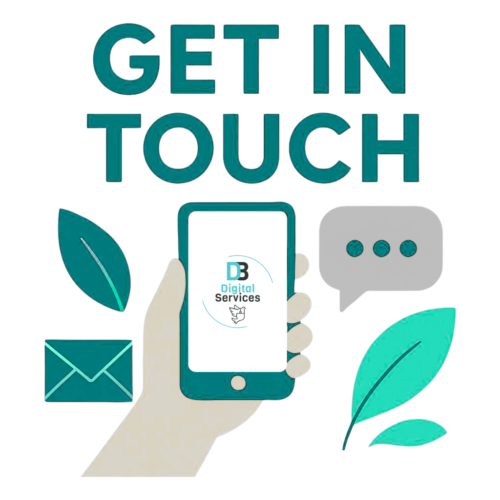 Get in touch - the image shows a phone being held with the DB digital services logo on it