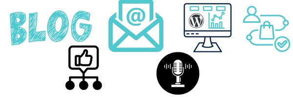 How we support you - this image shows the different ways we can help - email, wordpress, podcasts, social media, customer journey
